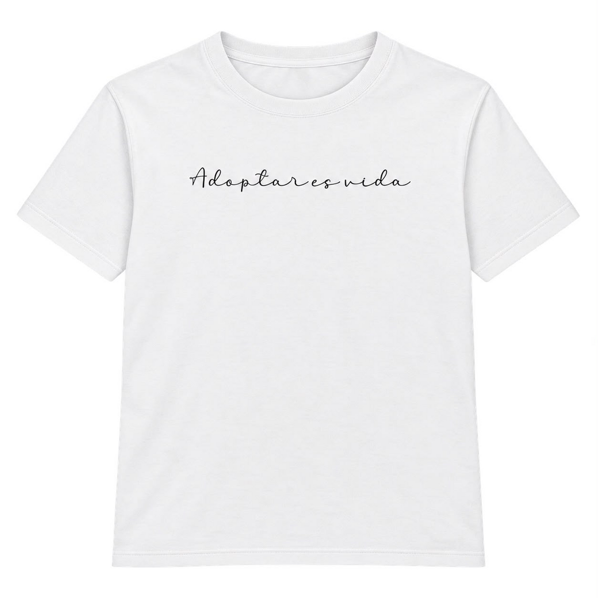 Camiseta blanca unisex con la frase «Adoptar es vida» en el pecho