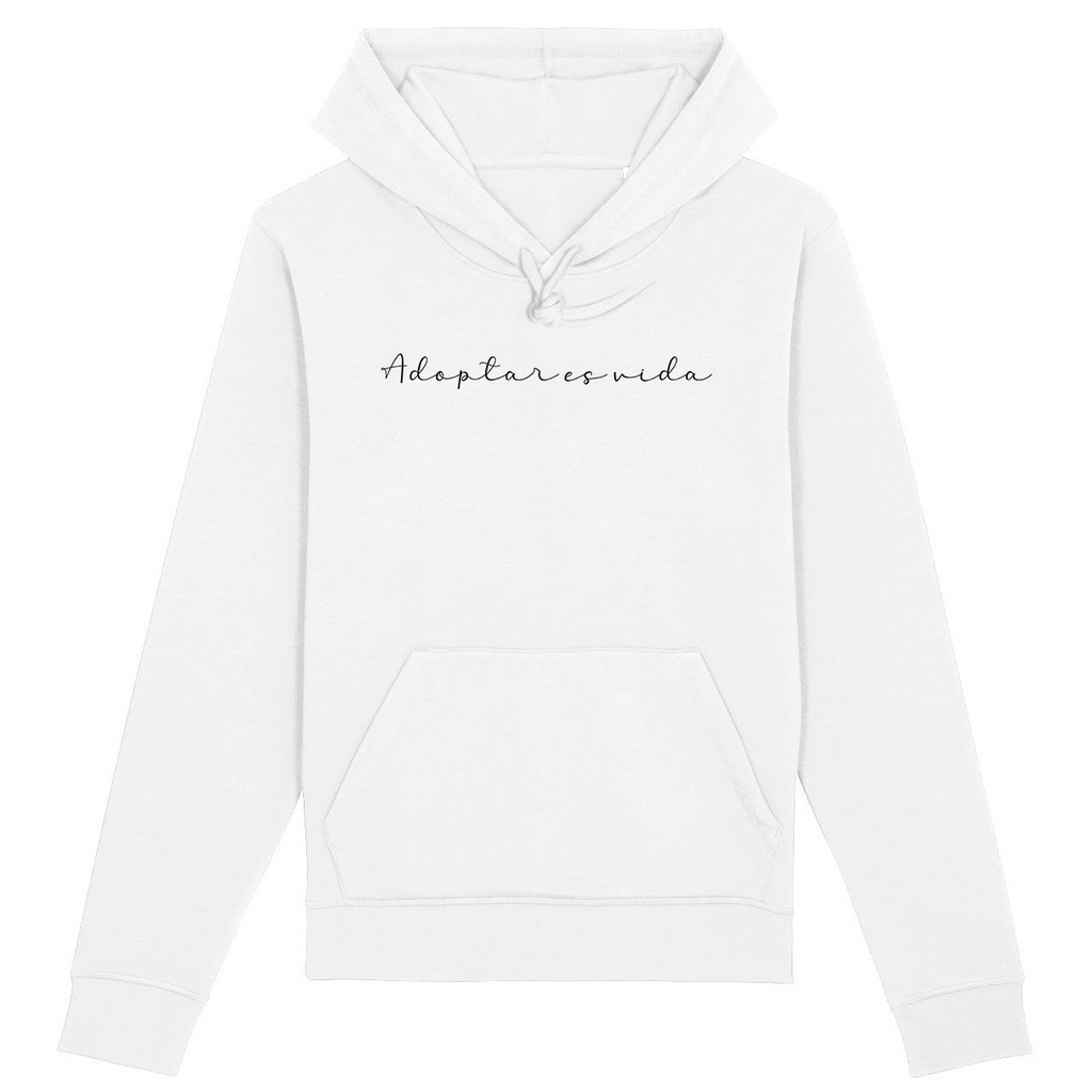 Sudadera blanca con capucha y la frase «Adoptar es vida» escrita a mano en negro
