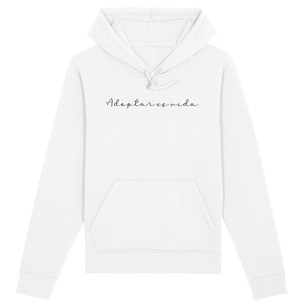 Sudadera blanca con capucha y la frase «Adoptar es vida» escrita a mano en negro
